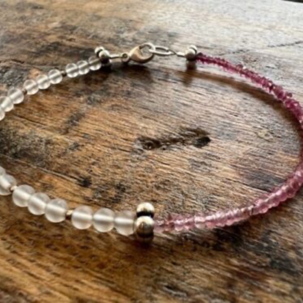 Pink Tourmaline and Frosted Quartz Crystal Sterling Silver Bracelet